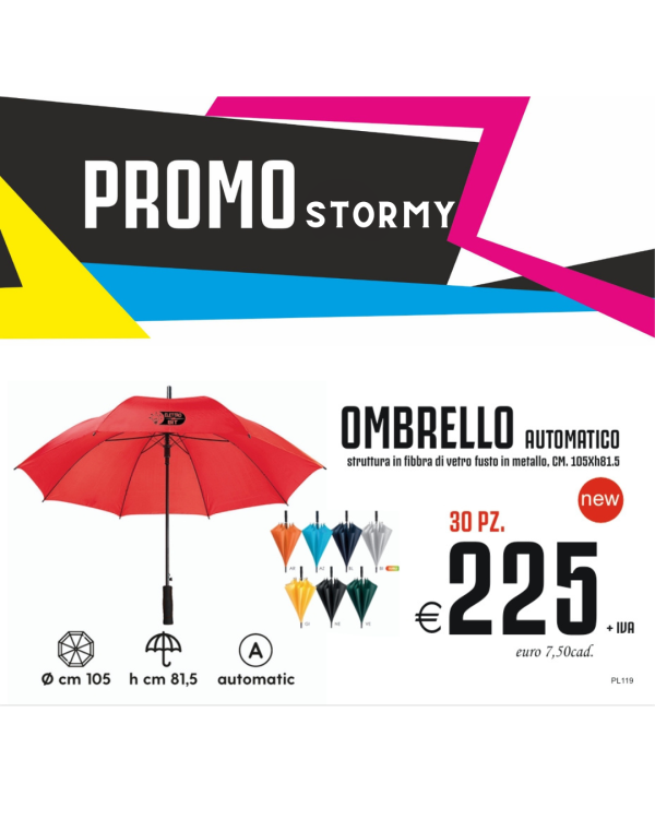 Promo stormy - Ombrello automatico in fibbra di vetro con fusto in metallo CM,105xh18.5 (30 PZ.)