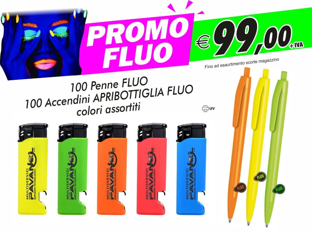 Promo fluo -                                                   100 penne fluo,100 accendini apribottiglia fluo colori assortiti