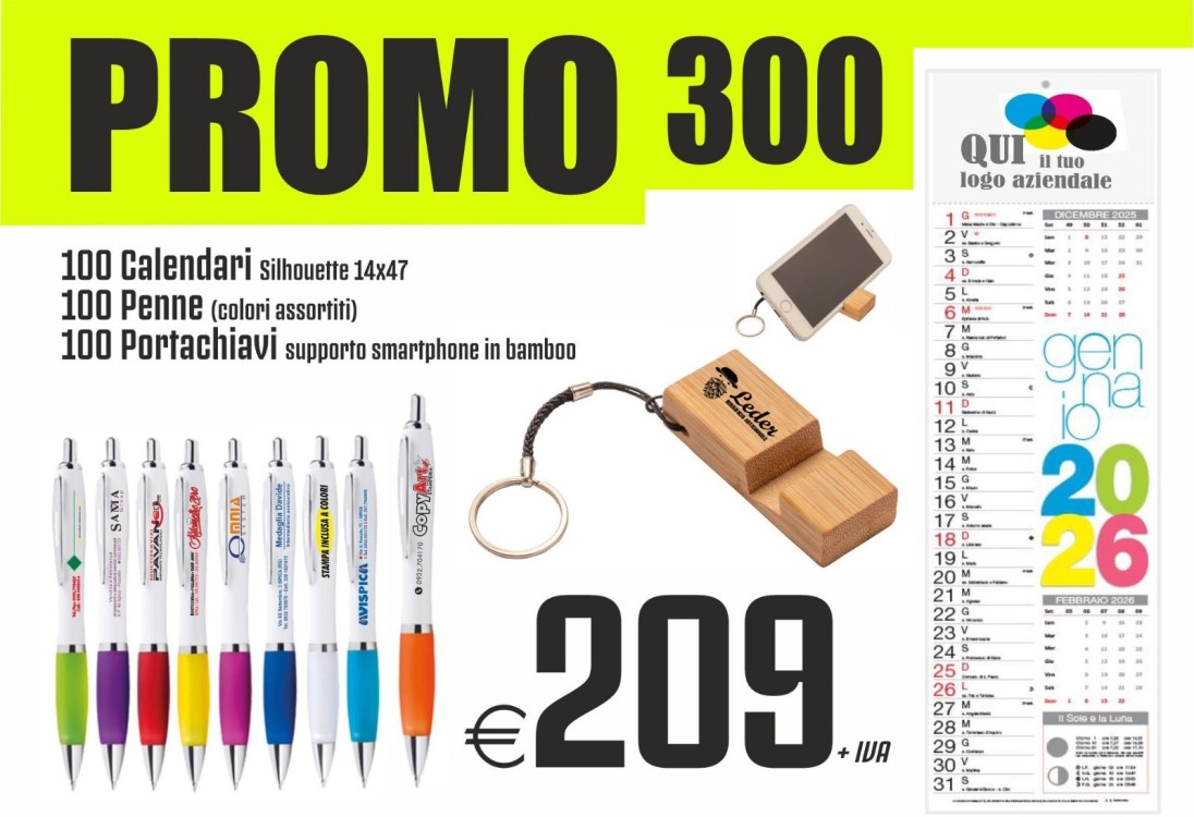 Promo 300 - 100 Calendari Sihouette,100 Penne (colori assortiti),100 Portachiavi supporto smartphone in bamboo colori assortiti