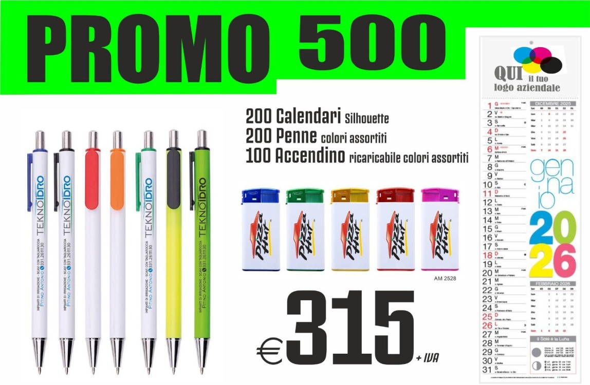 Promo 500 - 200 Calendari Silhouette,200 Penne colori assortiti, 100 Accendino ricaricabile colori assortiti