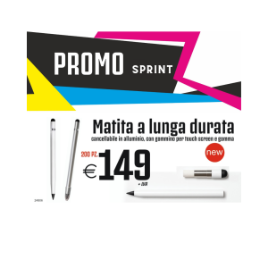 Promo sprint - Matita a lunga durata cancellabile in alluminio, con gommino per touch screen e gomma (200 PZ.)