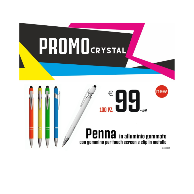 Promo crystal - Penna in alluminio gommato con gommino (100 PZ.)