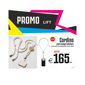 Promo lift - Cordino porta badge/cellulare in cotone con tag per personalizzazione e inserto bambù (100 PZ.)