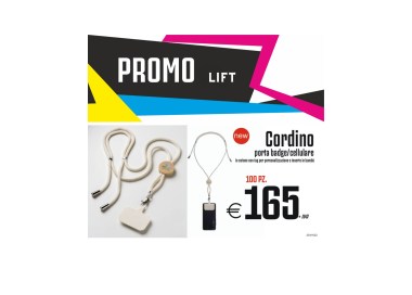 Promo lift - Cordino porta badge/cellulare in cotone con tag per personalizzazione e inserto bambù (100 PZ.)