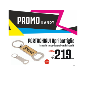 Promo kandy - Portachiavi Apribottiglie In metallo con particolare frontale in bambù (100 PZ.)
