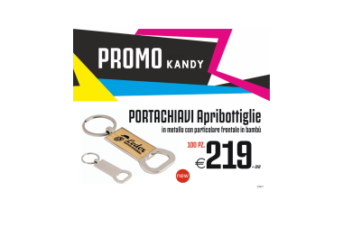 Promo kandy - Portachiavi Apribottiglie In metallo con particolare frontale in bambù (100 PZ.)