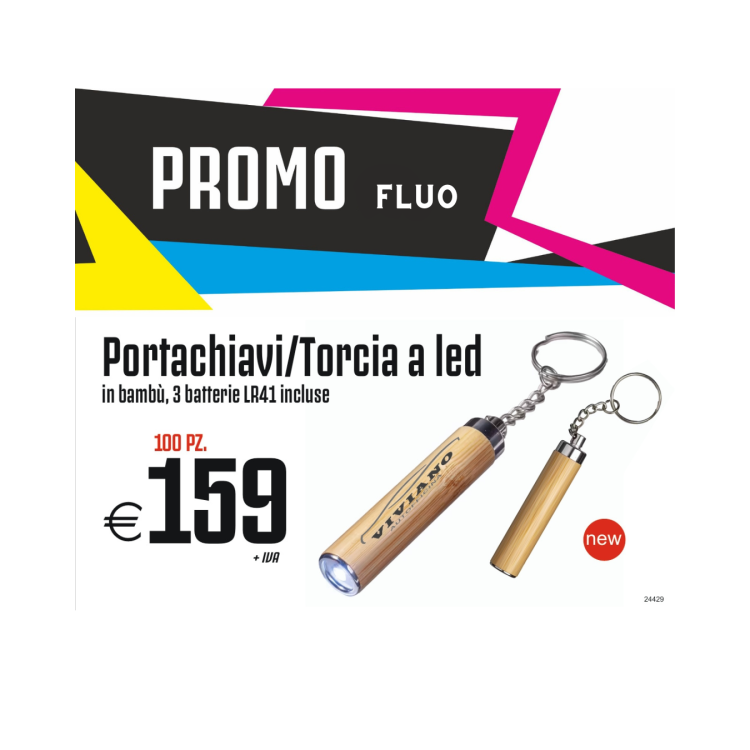 Promo fluo - Portachiavi/Torcia a led in bambù, 3 batterie incluse (100 PZ.)