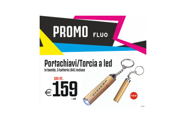 Promo fluo - Portachiavi/Torcia a led in bambù, 3 batterie incluse (100 PZ.)